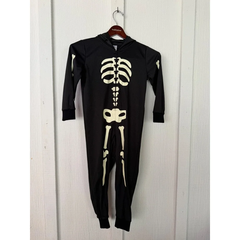 Disney Mickey Mouse Skeleton Halloween Hooded Union Suit Jumpsuit Black Kids 5/6